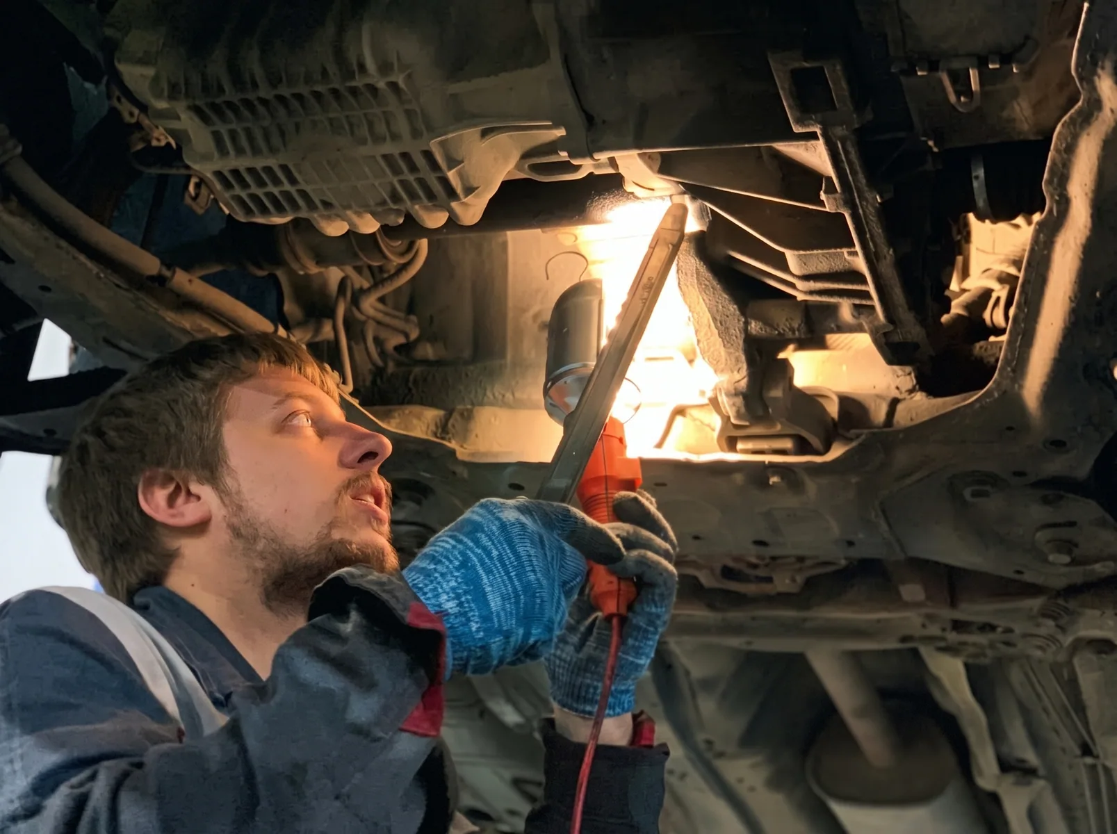 Мастер осматривает подвеску автомобиля в сервисе Yosi Motors